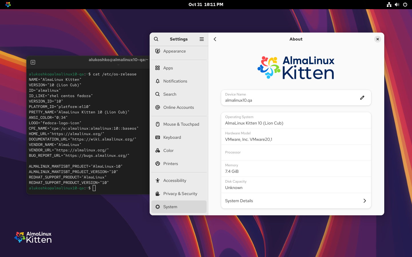 A screenshot of AlmaLinux OS Kitten 10