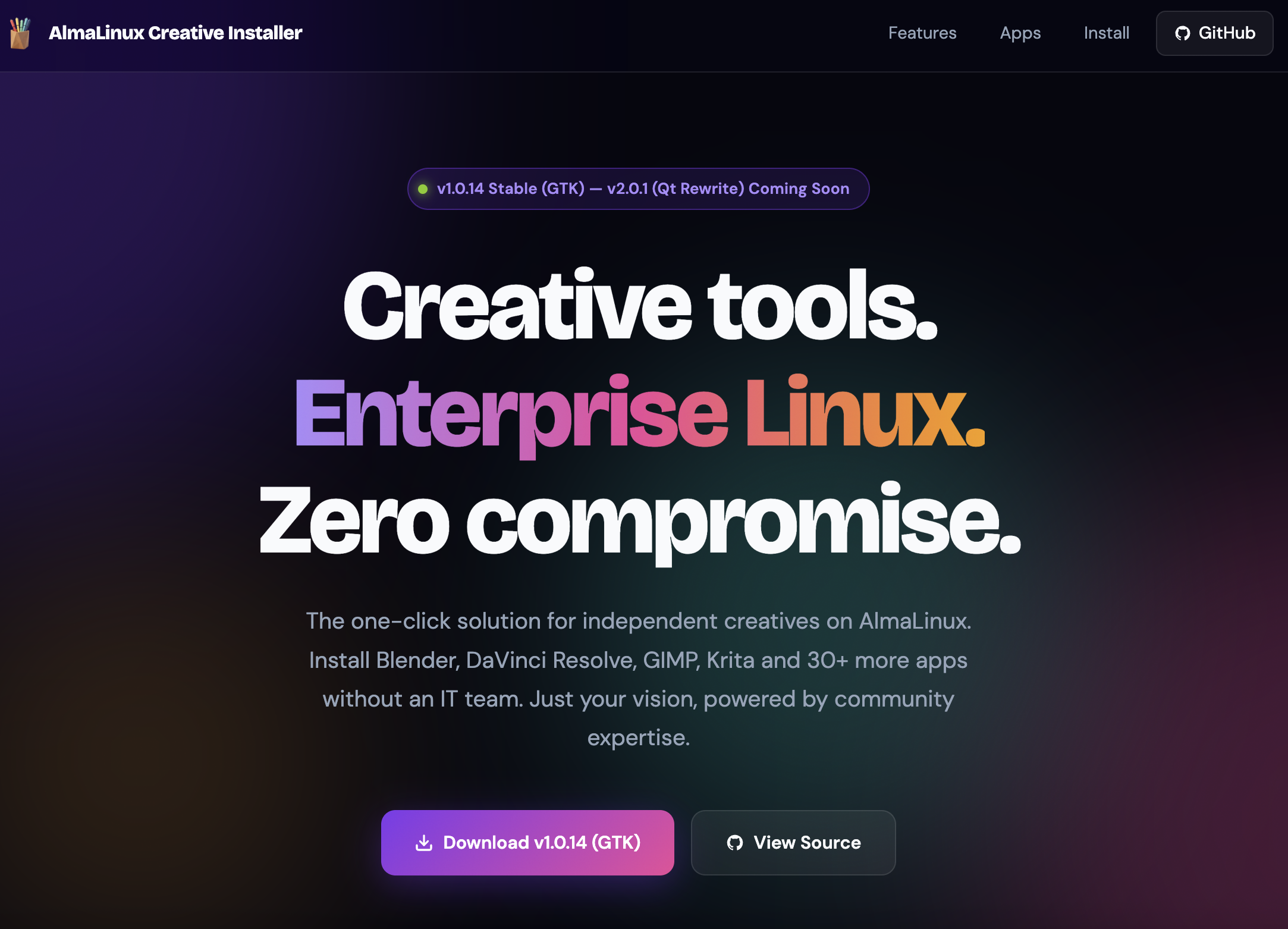 The AlmaLinux Creative Installer landing page